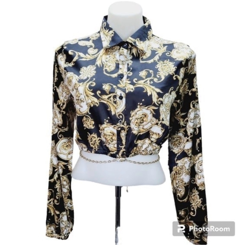 NWT Black & Gold Baroque Satin Button-Down Blouse - Medium